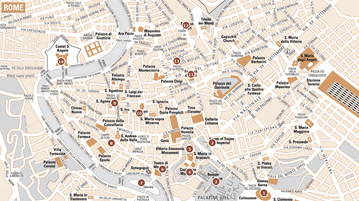 Illustrated map of central Rome with fourteen numbered places