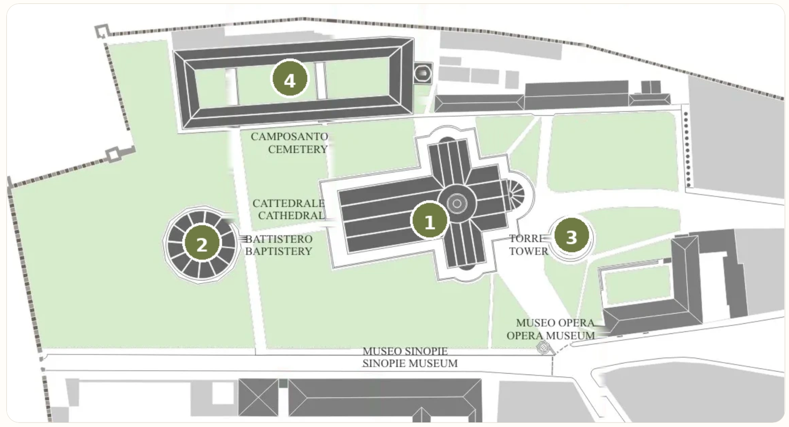 Mappa dei servizi e dei monumenti di Piazza dei Miracoli a Pisa
